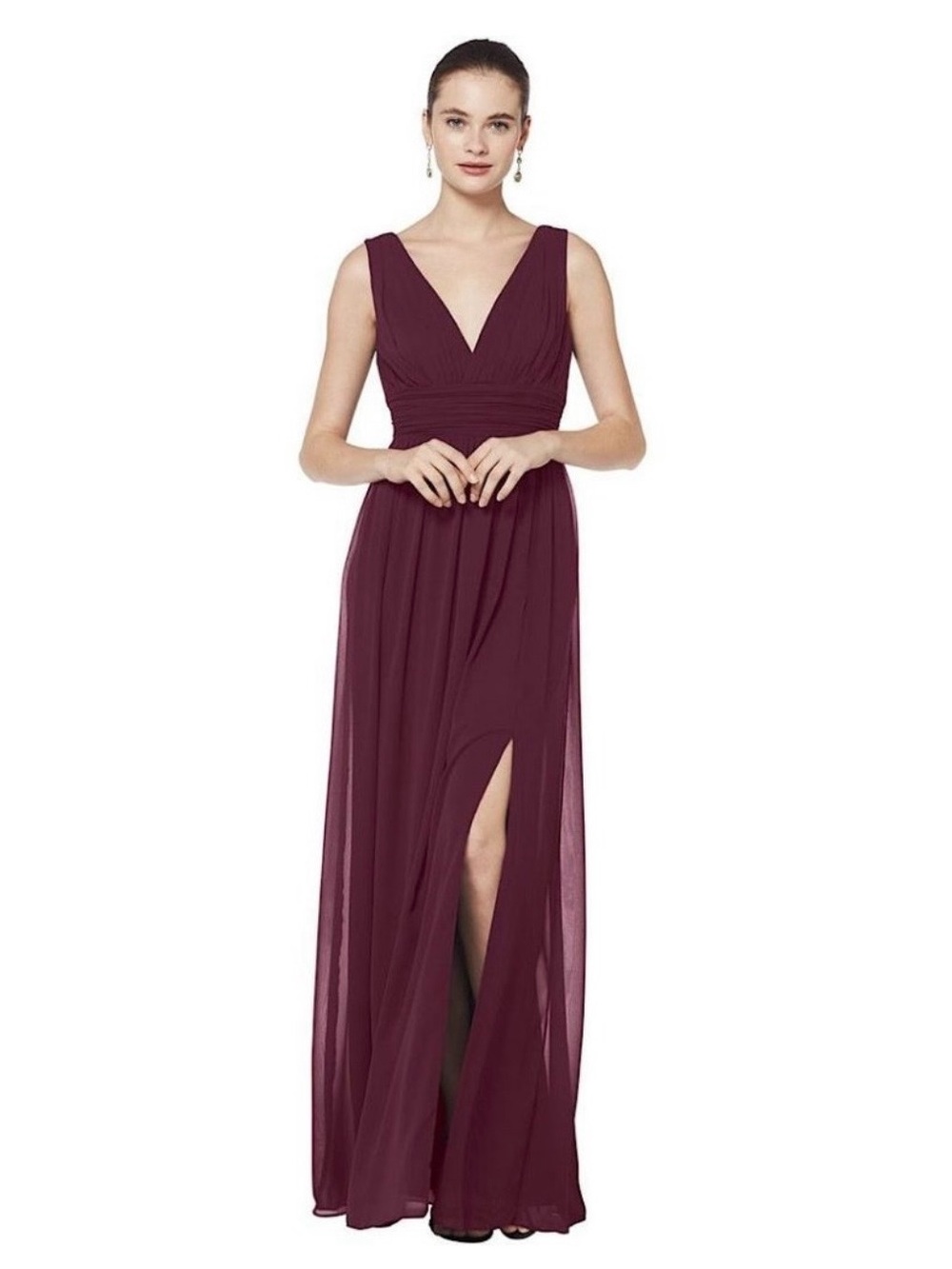 Bill Levkoff 7082 V-neck Burgundy Wine Chiffon Maxi Dress with Thigh Slit